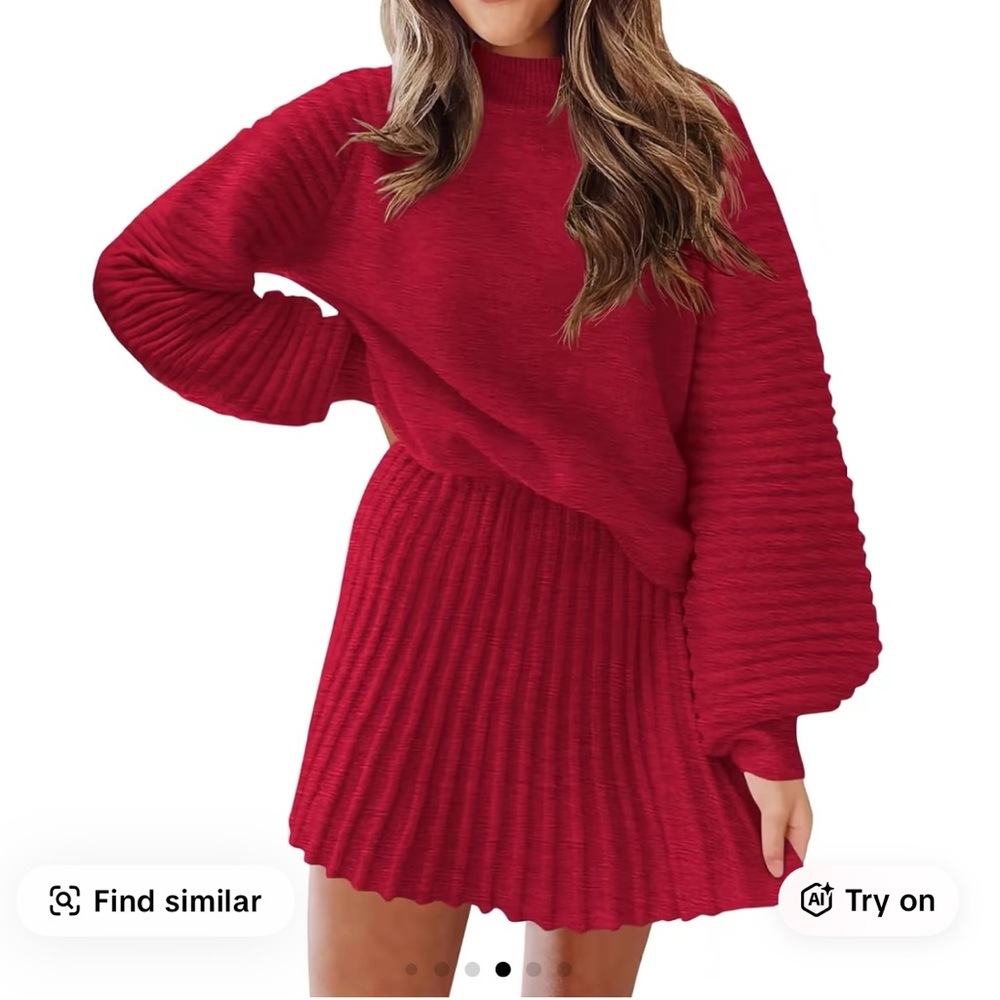 Red Ribbed Sweater and skirt